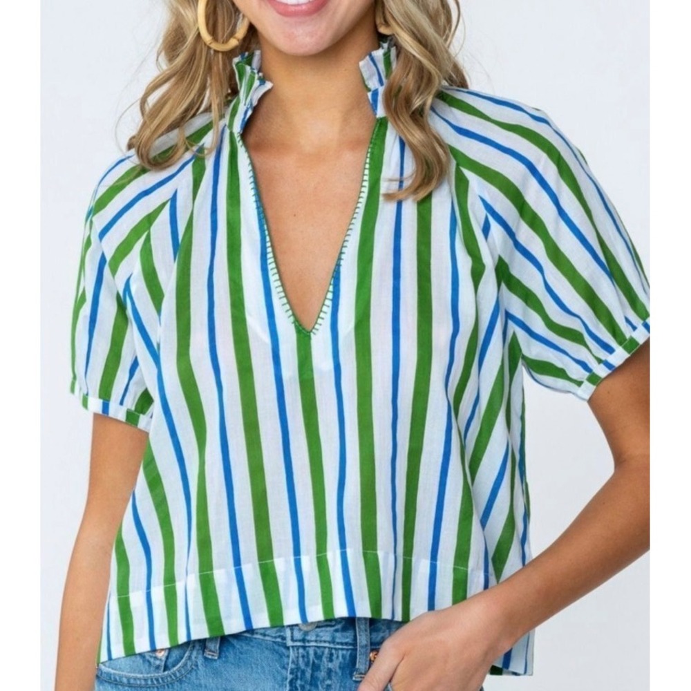 Olivia James The Label Elizabeth Top XS Harbor Stripe in Lime/Blue 100% Cotton